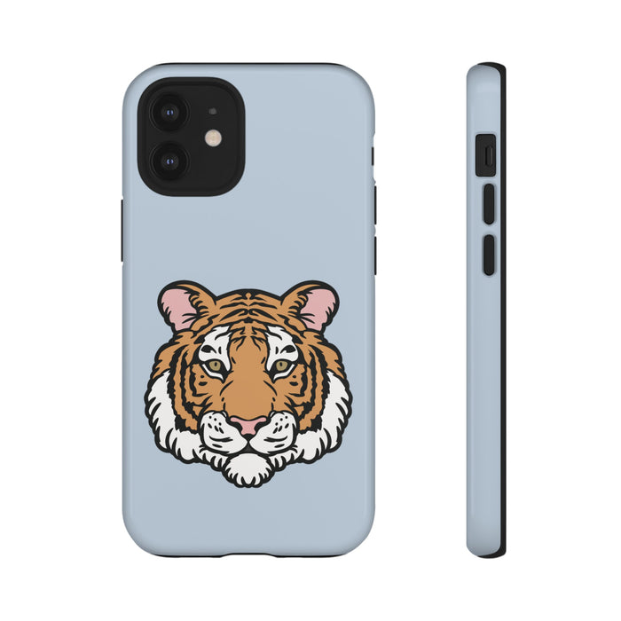 Tough iPhone Case with a Striking Tiger Logo: light blue, orange tiger, cartoon style