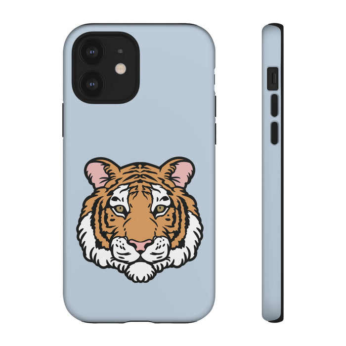 Tough iPhone Case with a Striking Tiger Logo: light blue, orange tiger, cartoon style