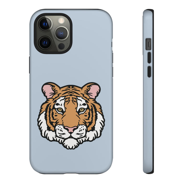 Tough iPhone Case with a Striking Tiger Logo: light blue, orange tiger, cartoon style