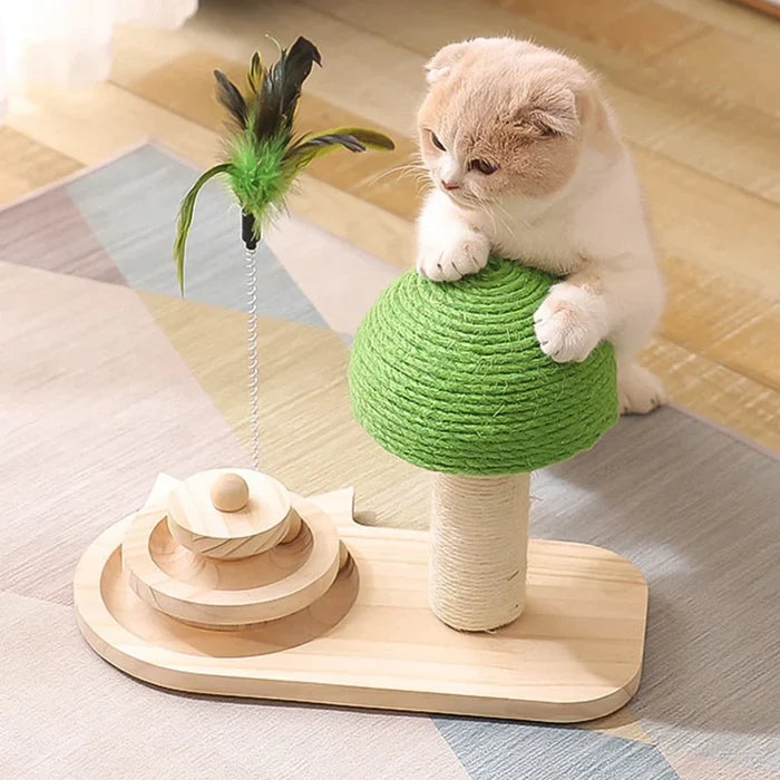 Toy-Infused Pet Tree Scratching Post: light wood, green cat, minimal natural pet accessory style