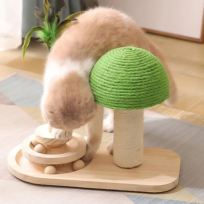 Toy-Infused Pet Tree Scratching Post: light wood, green cat, minimal natural pet accessory style