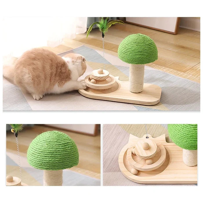 Toy-Infused Pet Tree Scratching Post: light wood, green cat, minimal natural pet accessory style