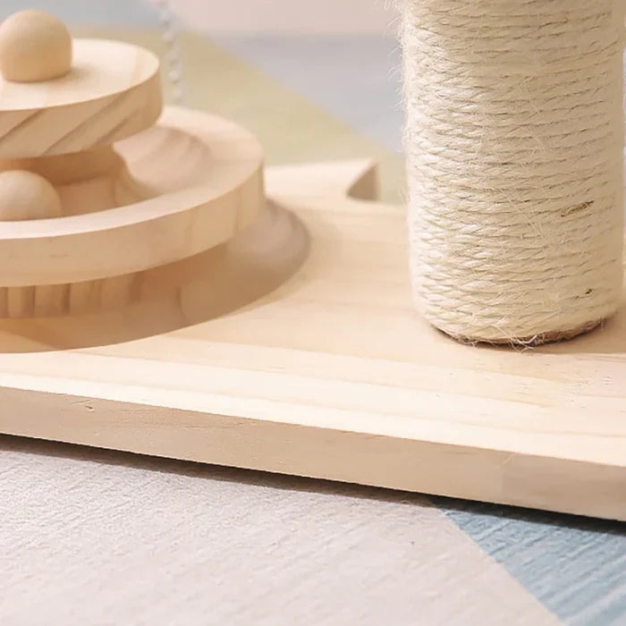 Toy-Infused Pet Tree Scratching Post: light wood, green cat, minimal natural pet accessory style