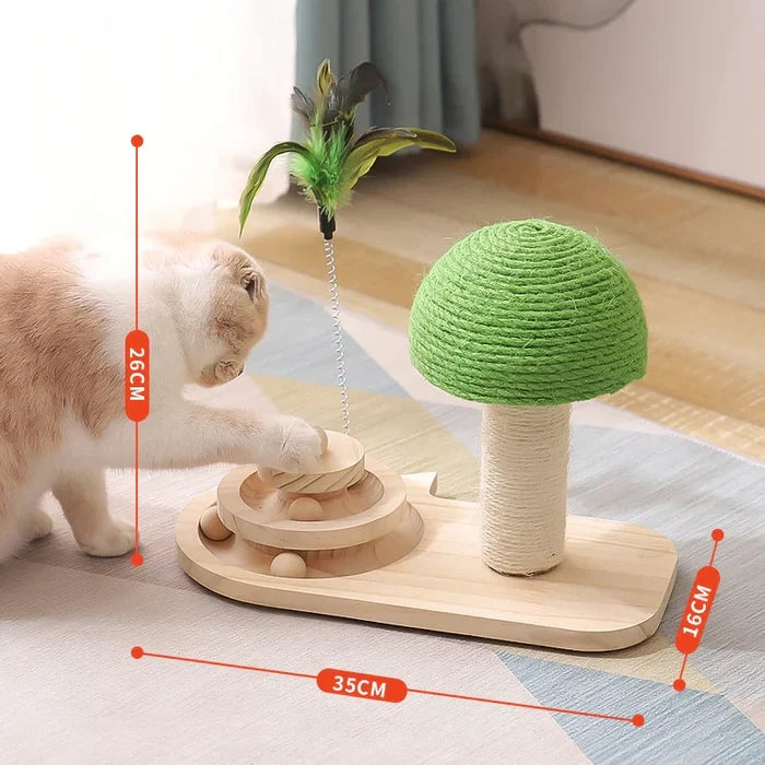 Toy-Infused Pet Tree Scratching Post: light wood, green cat, minimal natural pet accessory style