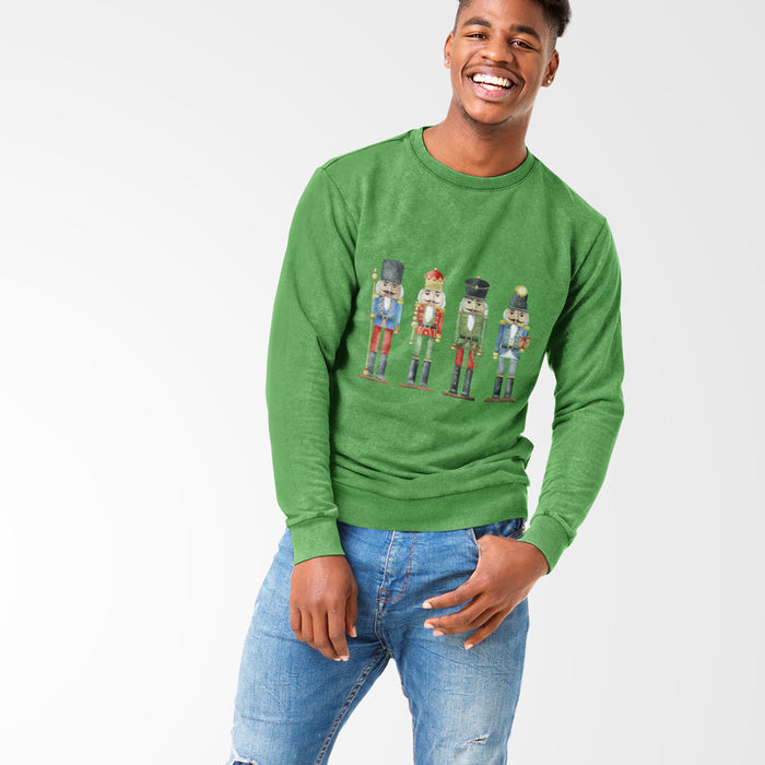 Toys Soldiers Sweatshirt for Men: green, multicolor nutcracker soldiers, festive cartoon style