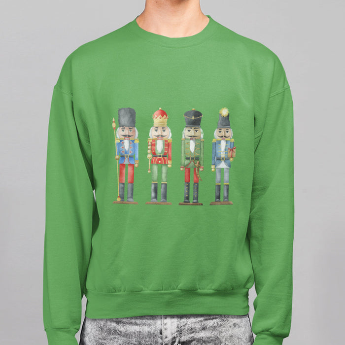 Toys Soldiers Sweatshirt for Men: green, multicolor nutcracker soldiers, festive cartoon style