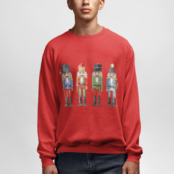 Toys Soldiers Sweatshirt for Men: green, multicolor nutcracker soldiers, festive cartoon style