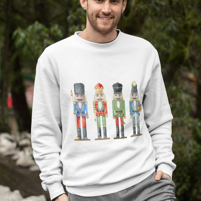 Toys Soldiers Sweatshirt for Men: green, multicolor nutcracker soldiers, festive cartoon style