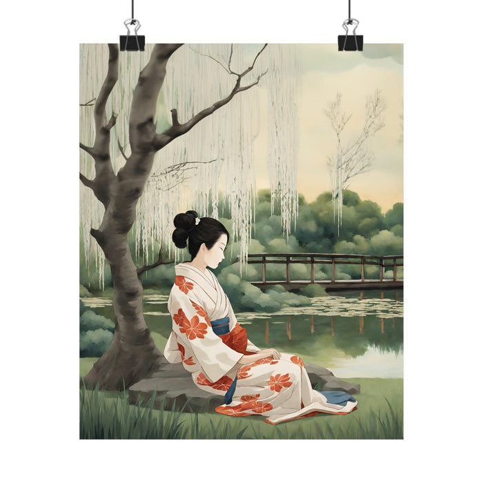 Tranquil Waterside Reverie Art Poster by Geisha: cream, white woman in a kimono in a lakeside landscape, Japanese-inspired pa
