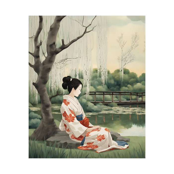 Tranquil Waterside Reverie Art Poster by Geisha: cream, white woman in a kimono in a lakeside landscape, Japanese-inspired pa