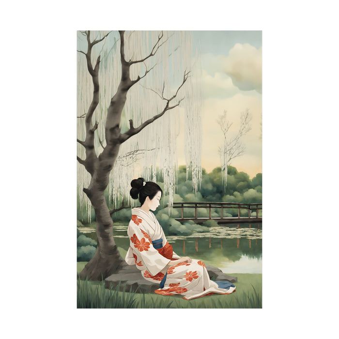 Tranquil Waterside Reverie Art Poster by Geisha: cream, white woman in a kimono in a lakeside landscape, Japanese-inspired pa