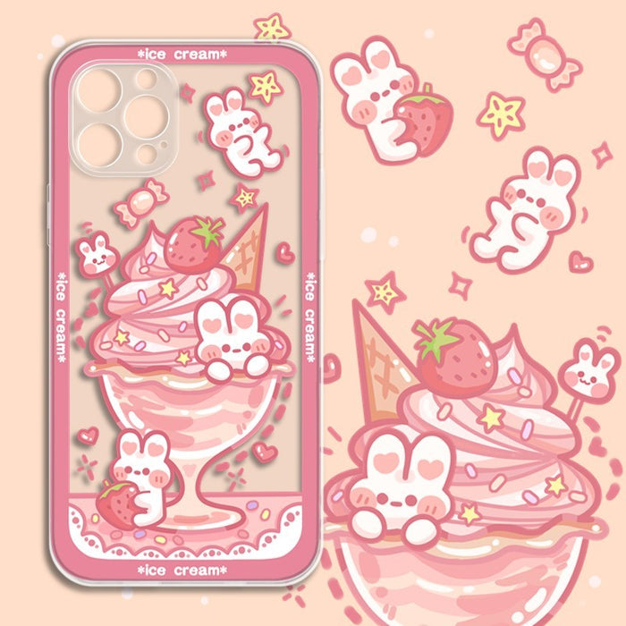 Transparent Cute Animal x Ice Cream Phone Case: pink, white cute bunny characters with ice cream, strawberries, candy, and st