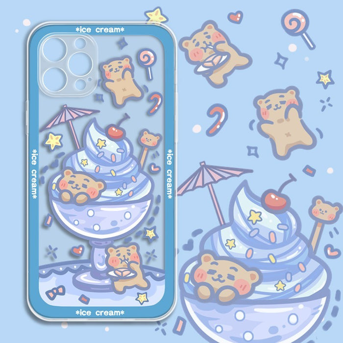 Transparent Cute Animal x Ice Cream Phone Case: pink, white cute bunny characters with ice cream, strawberries, candy, and st