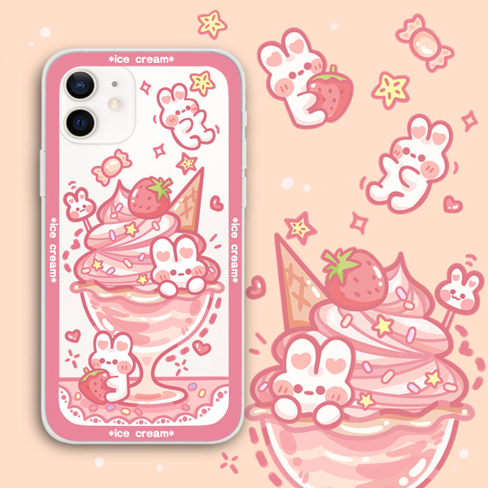 Transparent Cute Animal x Ice Cream Phone Case: pink, white cute bunny characters with ice cream, strawberries, candy, and st