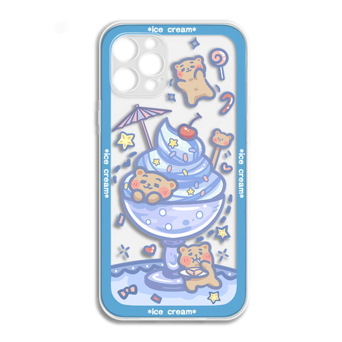 Transparent Cute Animal x Ice Cream Phone Case: pink, white cute bunny characters with ice cream, strawberries, candy, and st