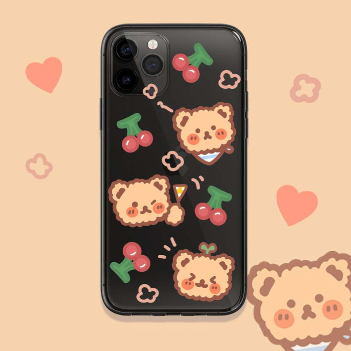 Transparent Cute Bear Phone Case, Protection: black, brown cartoon bear and cherries, kawaii cartoon style