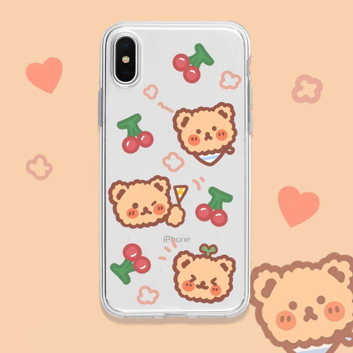 Transparent Cute Bear Phone Case, Protection: black, brown cartoon bear and cherries, kawaii cartoon style