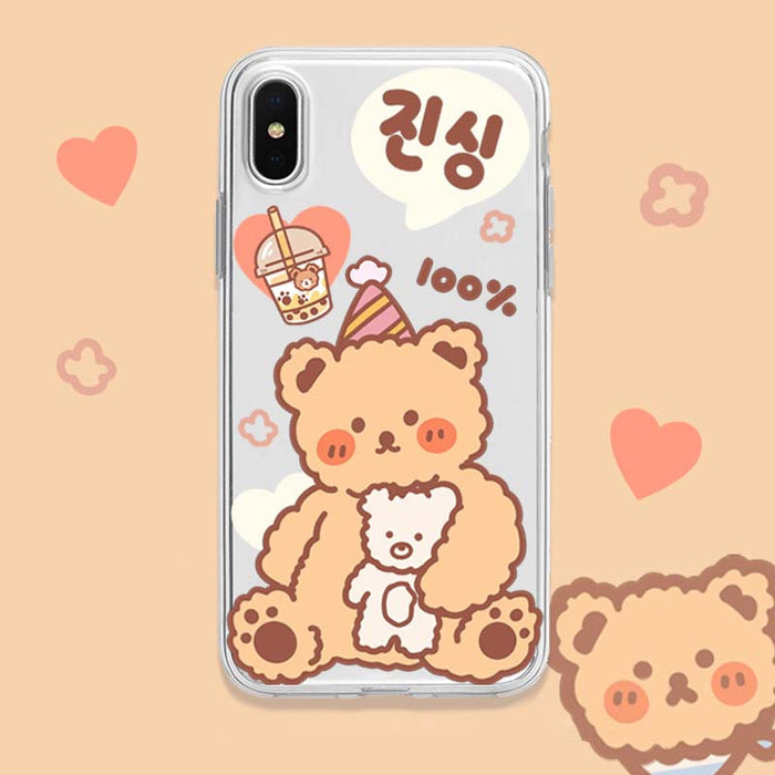 Transparent Cute Bear Phone Case, Protection: black, brown cartoon bear and cherries, kawaii cartoon style