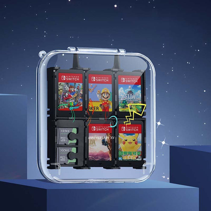 Transparent Switch Game Card Holder: clear, black Nintendo Switch game cartridges, minimal product display style