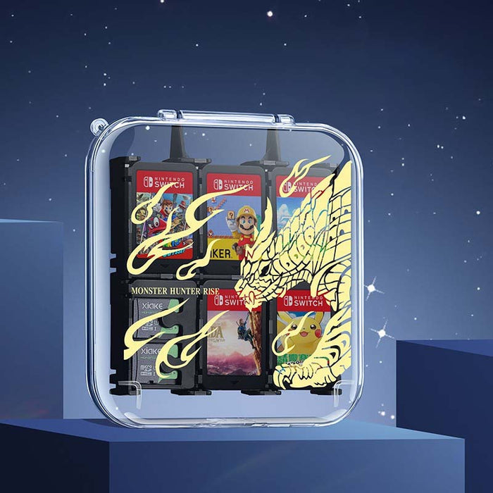 Transparent Switch Game Card Holder: clear, black Nintendo Switch game cartridges, minimal product display style