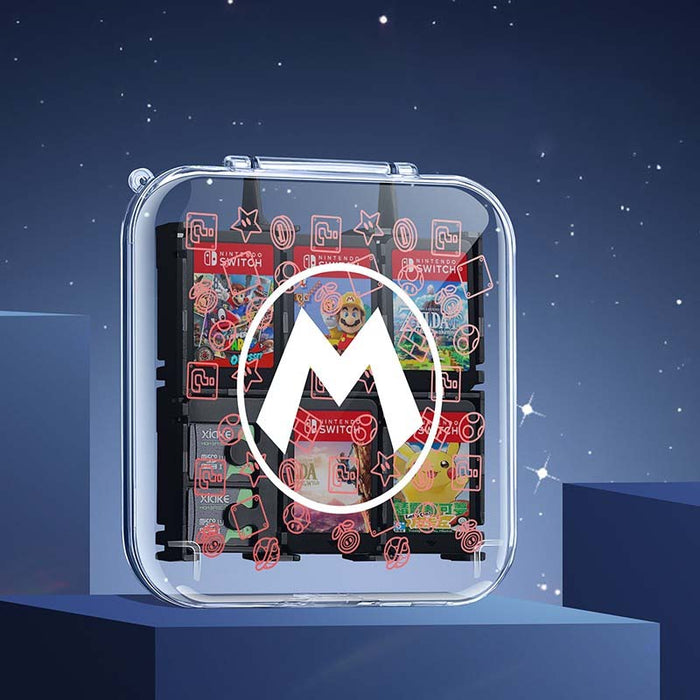 Transparent Switch Game Card Holder: clear, black Nintendo Switch game cartridges, minimal product display style