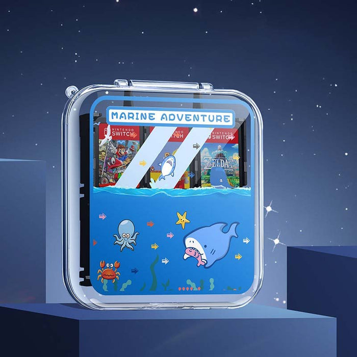 Transparent Switch Game Card Holder: clear, black Nintendo Switch game cartridges, minimal product display style