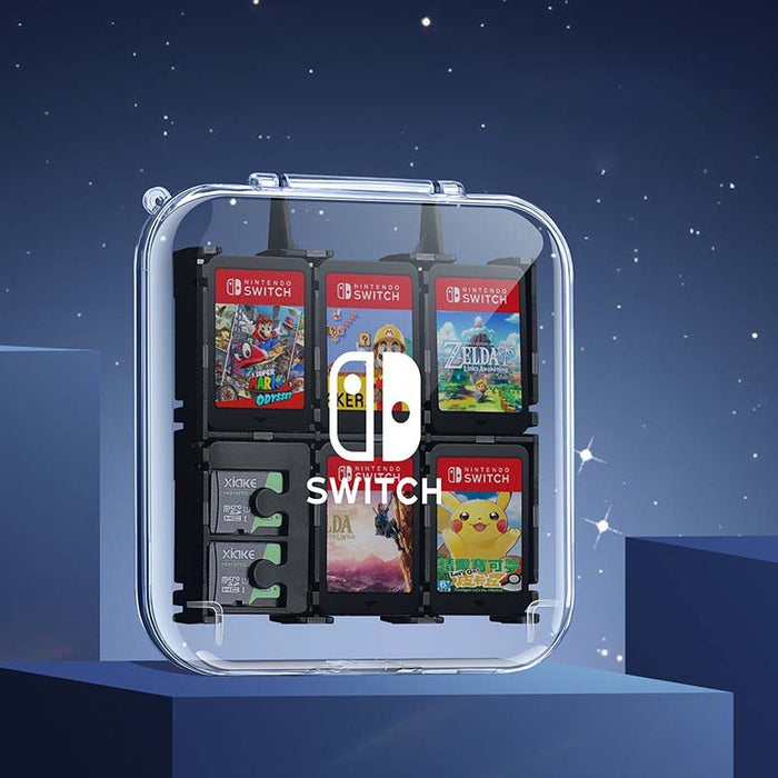 Transparent Switch Game Card Holder: clear, black Nintendo Switch game cartridges, minimal product display style