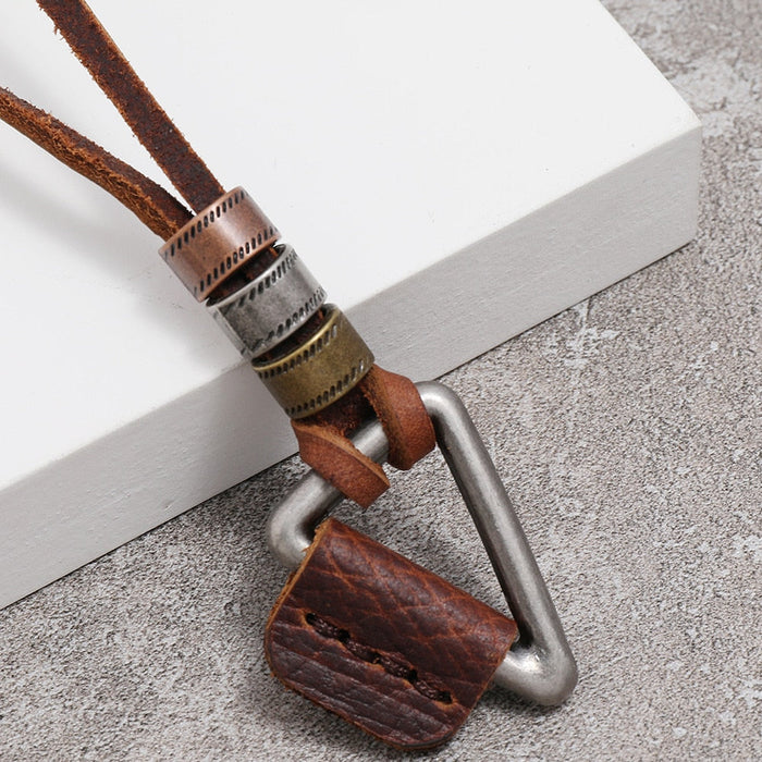 Triangle Charm Adjustable Necklace in Faux Leather: brown, silver necklace pendant, rugged rustic style