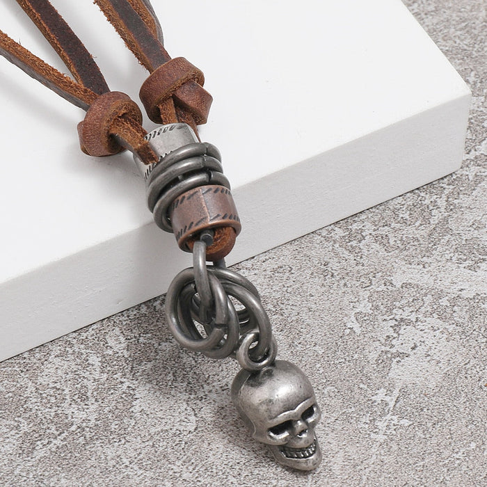 Triangle Charm Adjustable Necklace in Faux Leather: brown, silver necklace pendant, rugged rustic style