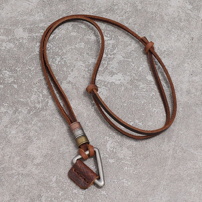 Triangle Charm Adjustable Necklace in Faux Leather: brown, silver necklace pendant, rugged rustic style