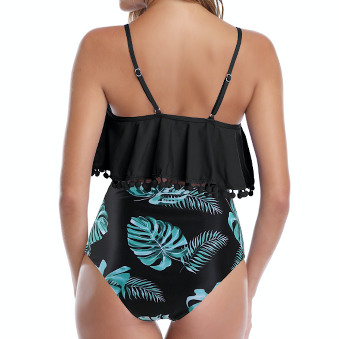 Tropical Leaves Print Tankini Set in Black: black, teal tropical leaf print, tropical, contemporary style