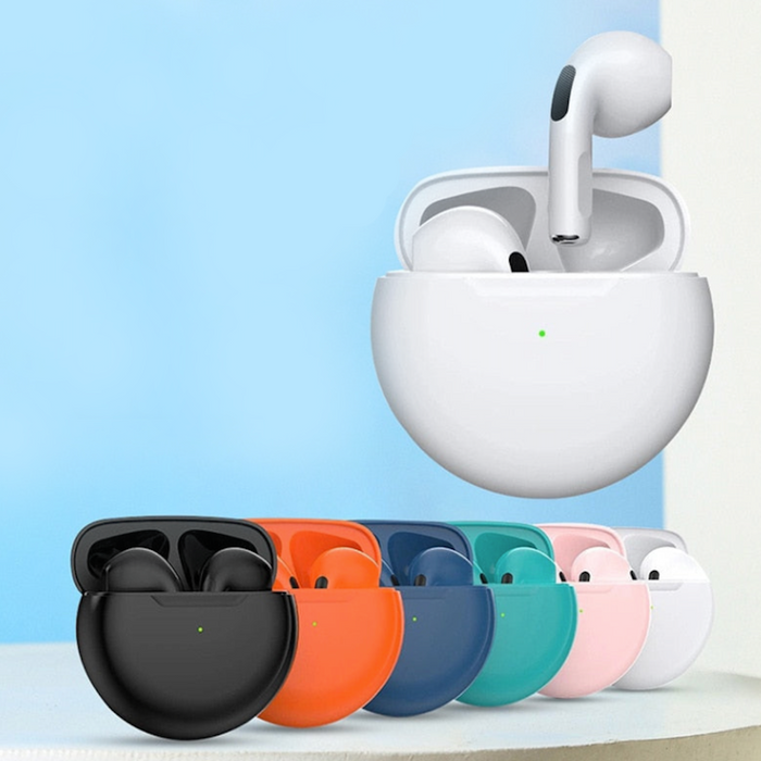 True Wireless Bluetooth Earbuds of Dragon 6 Lineage: white, black wireless earbuds with charging cases, minimal modern style
