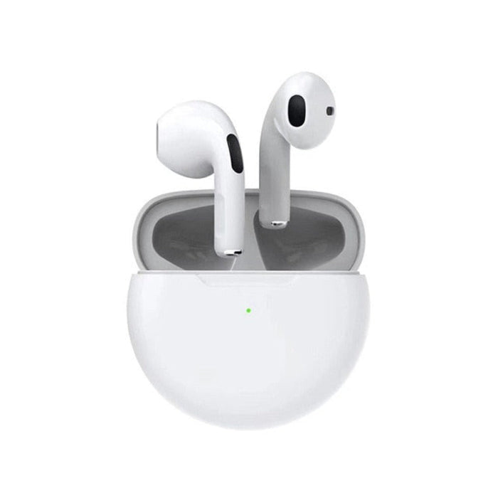 True Wireless Bluetooth Earbuds of Dragon 6 Lineage: white, black wireless earbuds with charging cases, minimal modern style