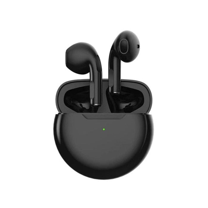 True Wireless Bluetooth Earbuds of Dragon 6 Lineage: white, black wireless earbuds with charging cases, minimal modern style