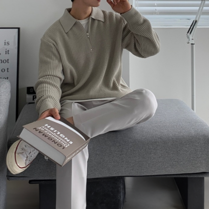 Turn Down Collar Sweater for Men: Redefining the Classic Style: dark charcoal gray, white quarter-zip collared sweater, minim
