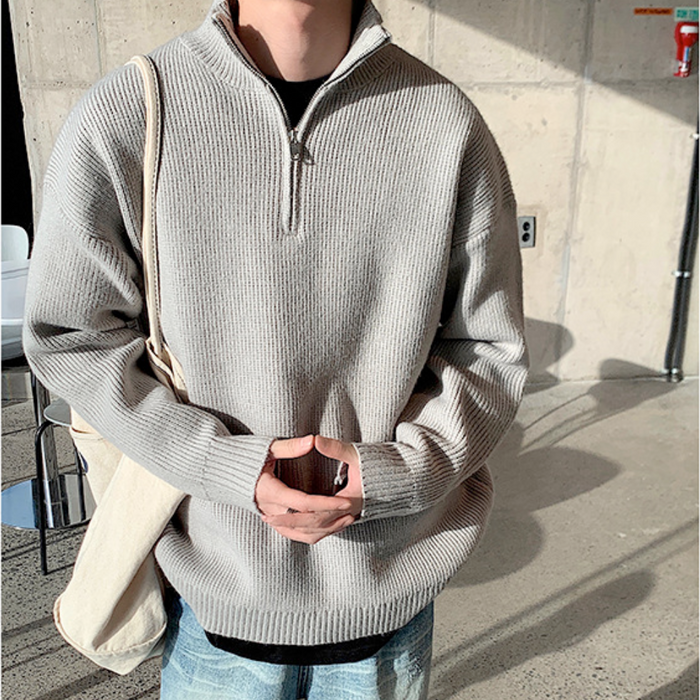 Turn Down Collar Sweater for Men: Redefining the Classic Style: dark charcoal gray, white quarter-zip collared sweater, minim