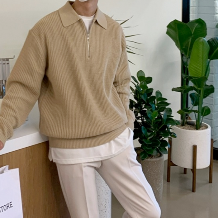 Turn Down Collar Sweater for Men: Redefining the Classic Style: dark charcoal gray, white quarter-zip collared sweater, minim