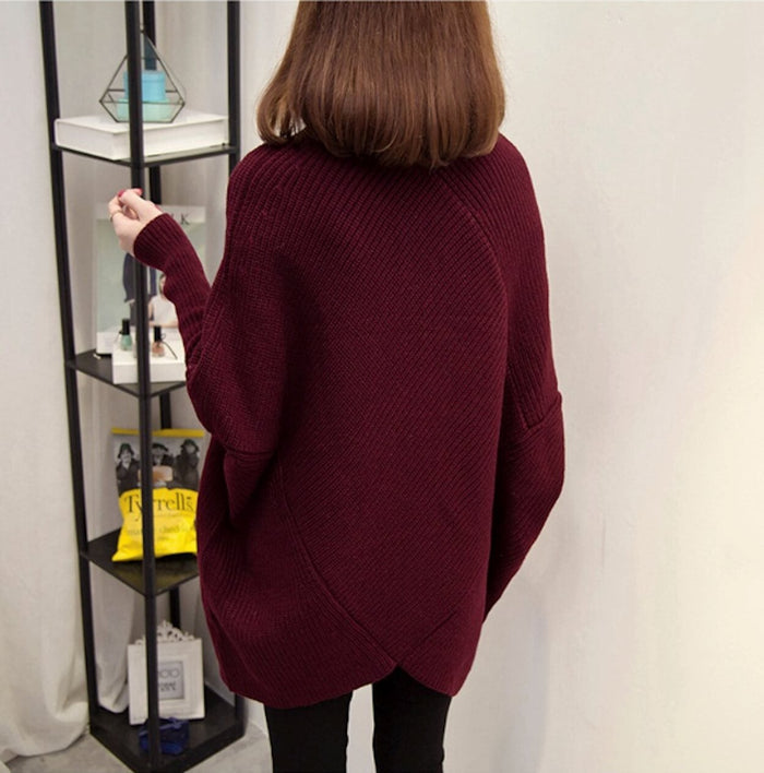 Turtleneck Batwing Sweater for Women: burgundy, black turtleneck sweater, minimal casual style