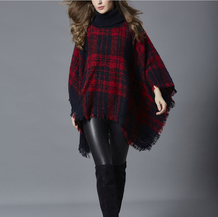 Turtleneck Poncho for Women: dark red, black poncho-style sweater top, casual style
