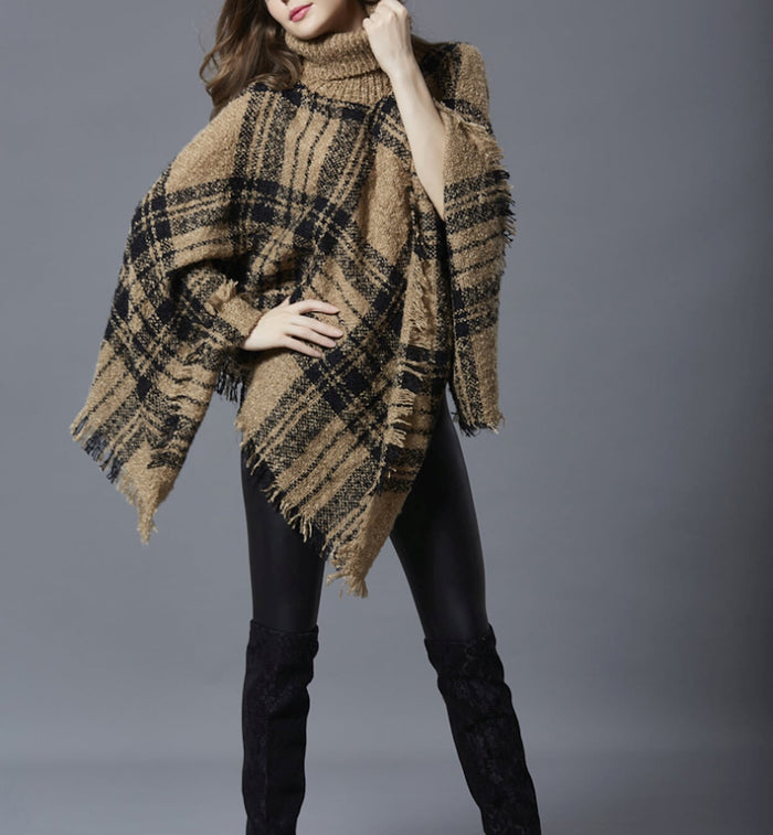 Turtleneck Poncho for Women: dark red, black poncho-style sweater top, casual style