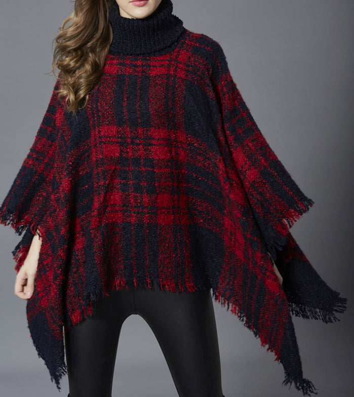 Turtleneck Poncho for Women: dark red, black poncho-style sweater top, casual style
