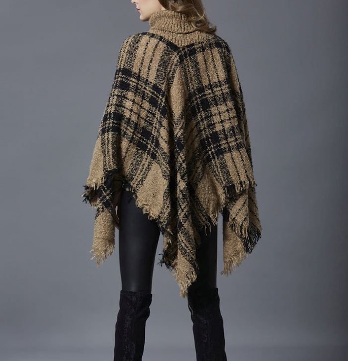 Turtleneck Poncho for Women: dark red, black poncho-style sweater top, casual style