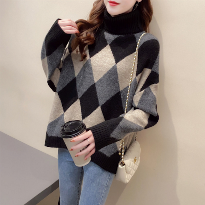 Turtleneck Sweater for Women with Argyle Design: black, gray turtleneck sweater, casual, retro argyle style