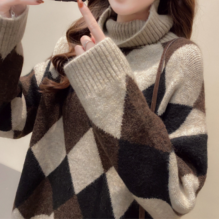Turtleneck Sweater for Women with Argyle Design: black, gray turtleneck sweater, casual, retro argyle style