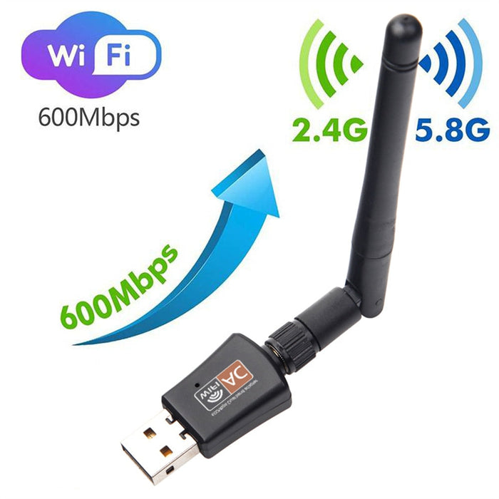 Two-Frequency Wireless USB Dongle: black, silver USB Wi‑Fi adapter with external antenna, product advertisement graphic style