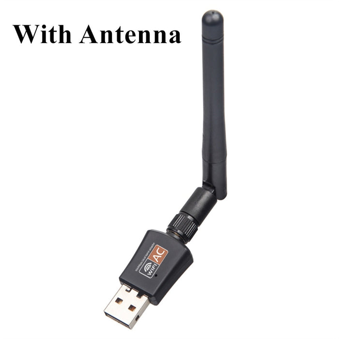 Two-Frequency Wireless USB Dongle: black, silver USB Wi‑Fi adapter with external antenna, product advertisement graphic style