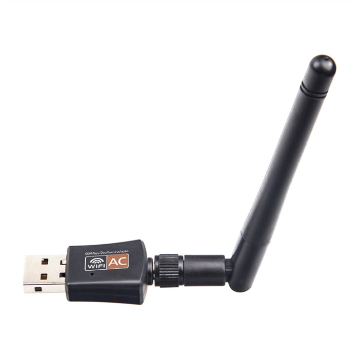 Two-Frequency Wireless USB Dongle: black, silver USB Wi‑Fi adapter with external antenna, product advertisement graphic style