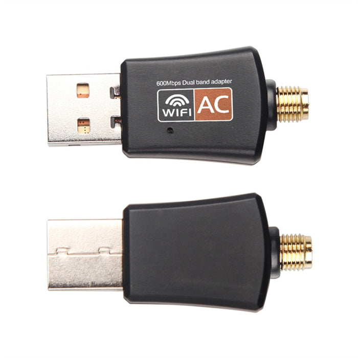 Two-Frequency Wireless USB Dongle: black, silver USB Wi‑Fi adapter with external antenna, product advertisement graphic style