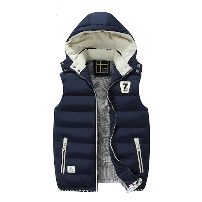 Two Tone Black Winter Puffy Vest with Hood for Men: black, off-white hooded puffer vest, casual sporty style