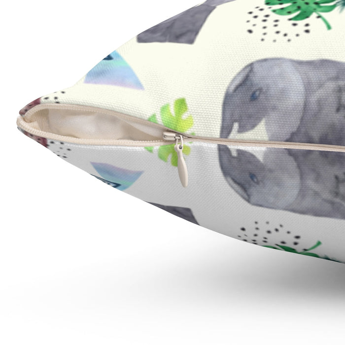 Two-Tone Elephant Cushion: Embellish Your Home, Available in 4 Sizes: off-white, gray elephants and tropical foliage, cartoon